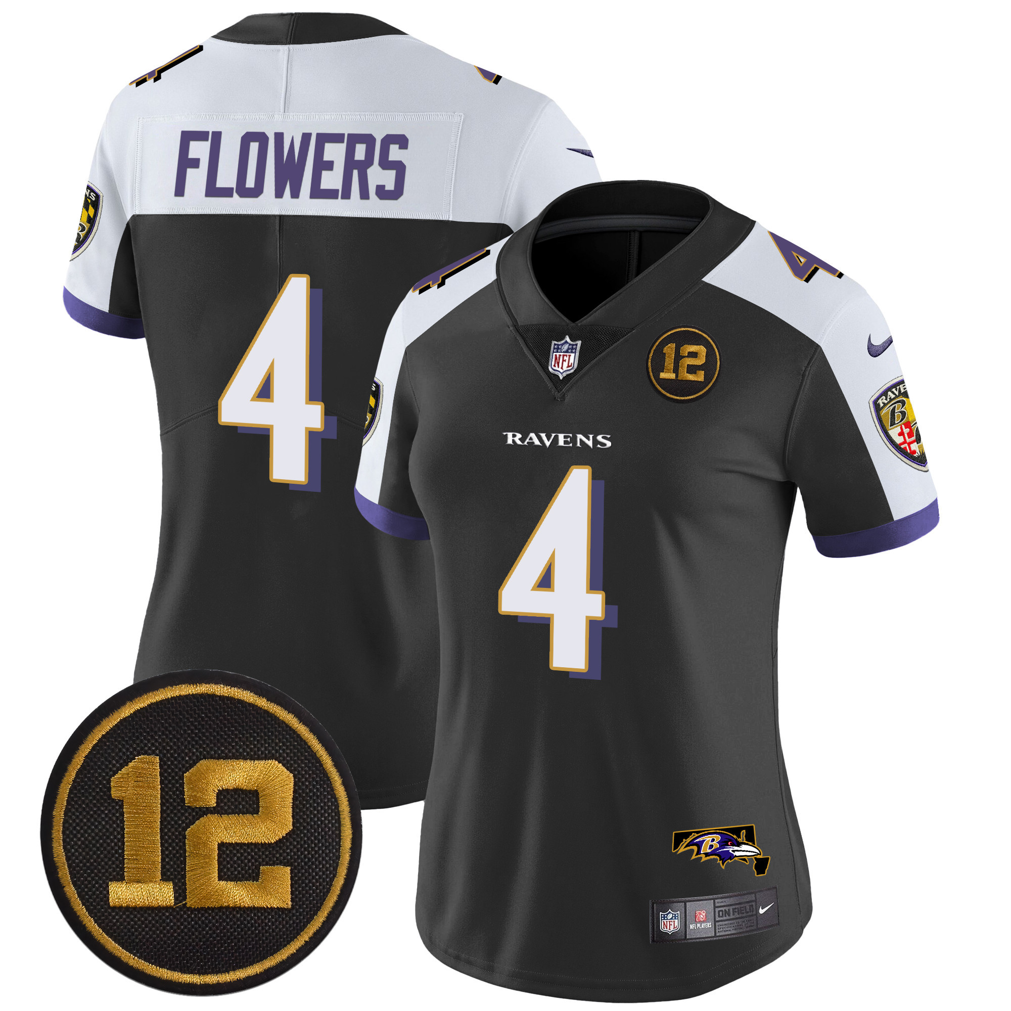 Zay Flowers Women's Baltimore Ravens Jacoby Jones Patch Vapor Limited Black Alternate Jersey - All Stitched
