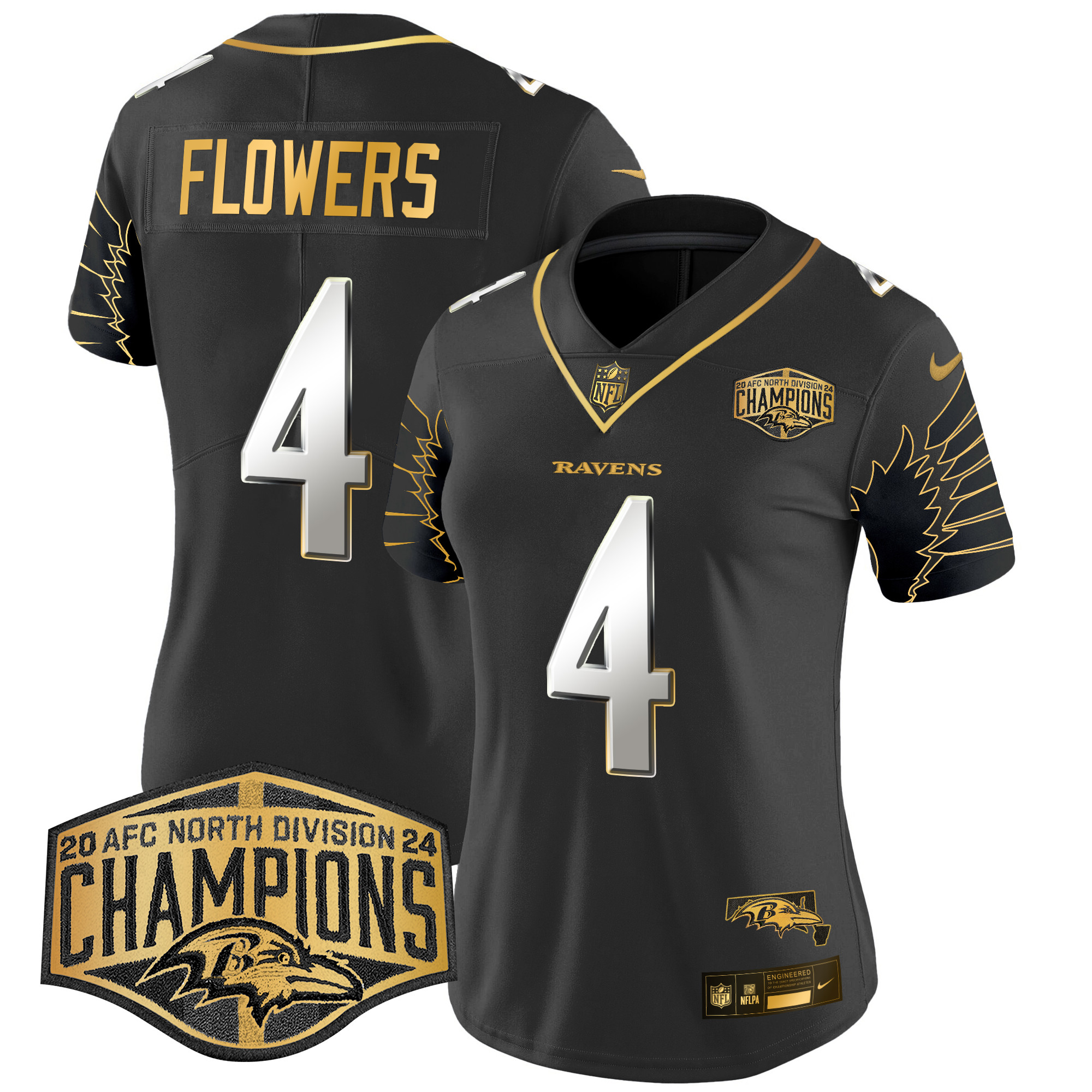 Zay Flowers Women's Baltimore Ravens Maryland 2024 AFC North Division Champions Patch Gold Vapor Limited Black Limited Jersey - All Stitched