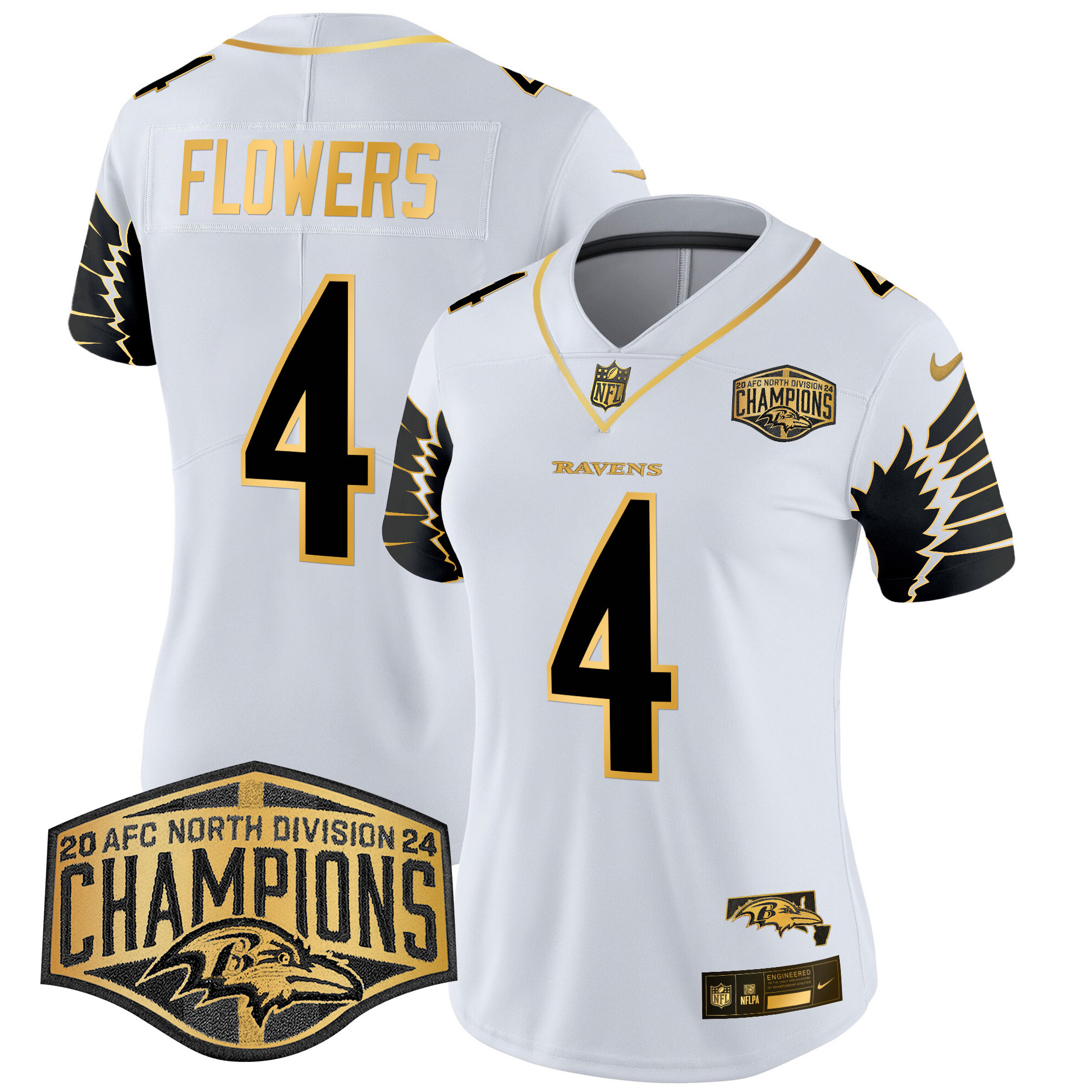 Zay Flowers Women's Baltimore Ravens Maryland 2024 AFC North Division Champions Patch Gold Vapor Limited White Gold Jersey - All Stitched
