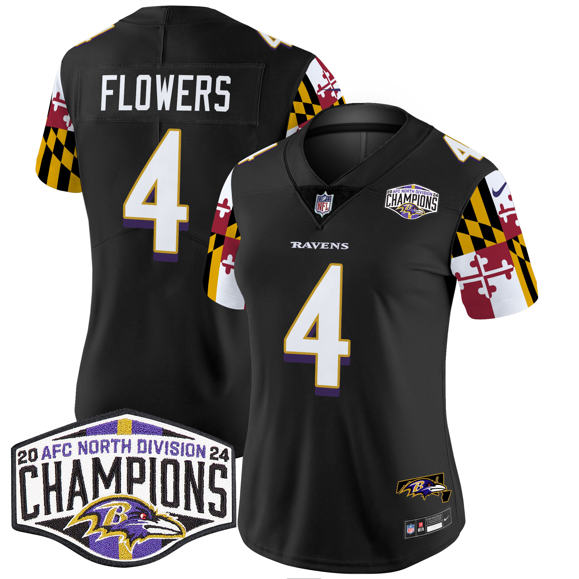 Zay Flowers Women's Baltimore Ravens Maryland Flag 2024 AFC North Division Champions Patch Vapor Limited Black Jersey - All Stitched