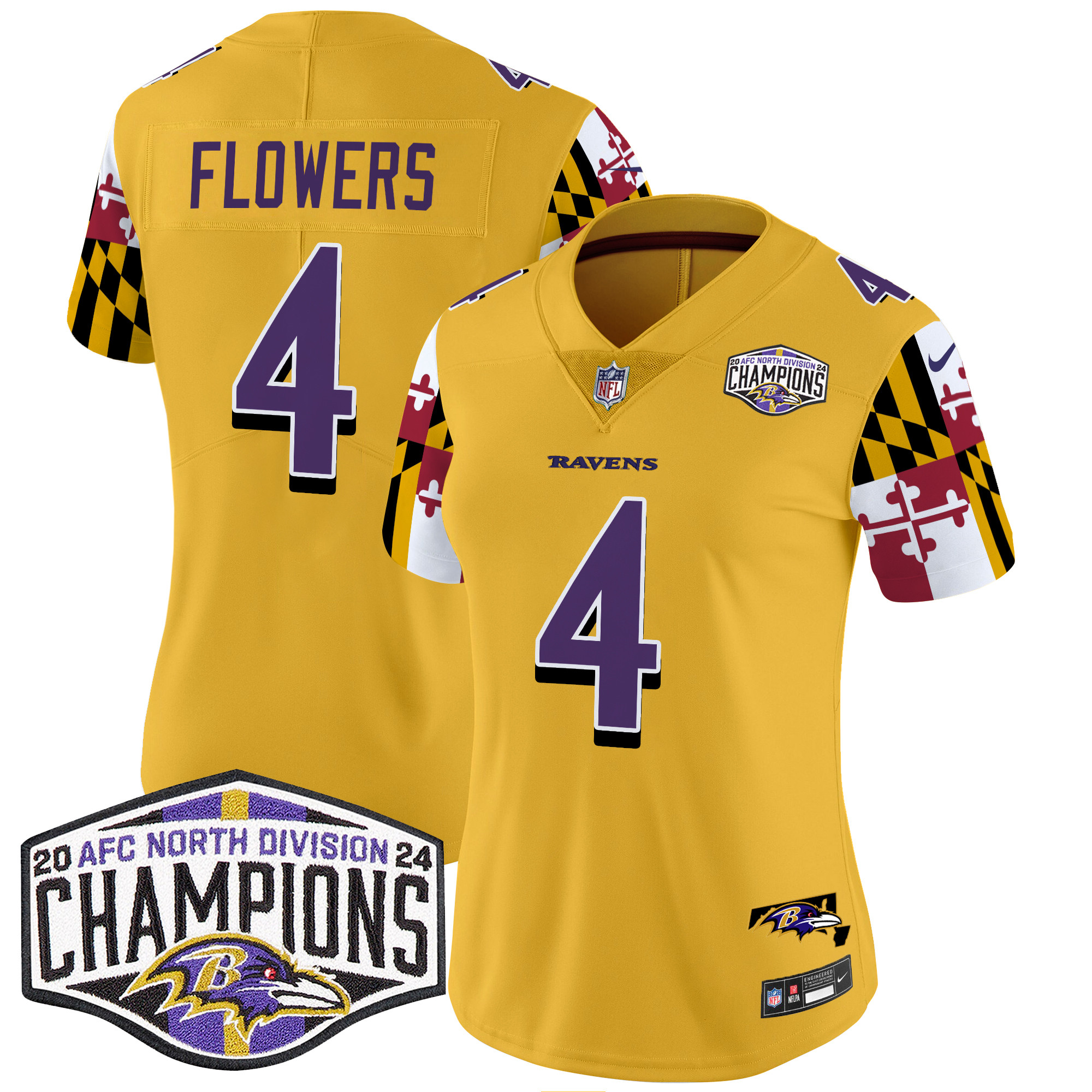 Zay Flowers Women's Baltimore Ravens Maryland Flag 2024 AFC North Division Champions Patch Vapor Limited Gold Jersey - All Stitched