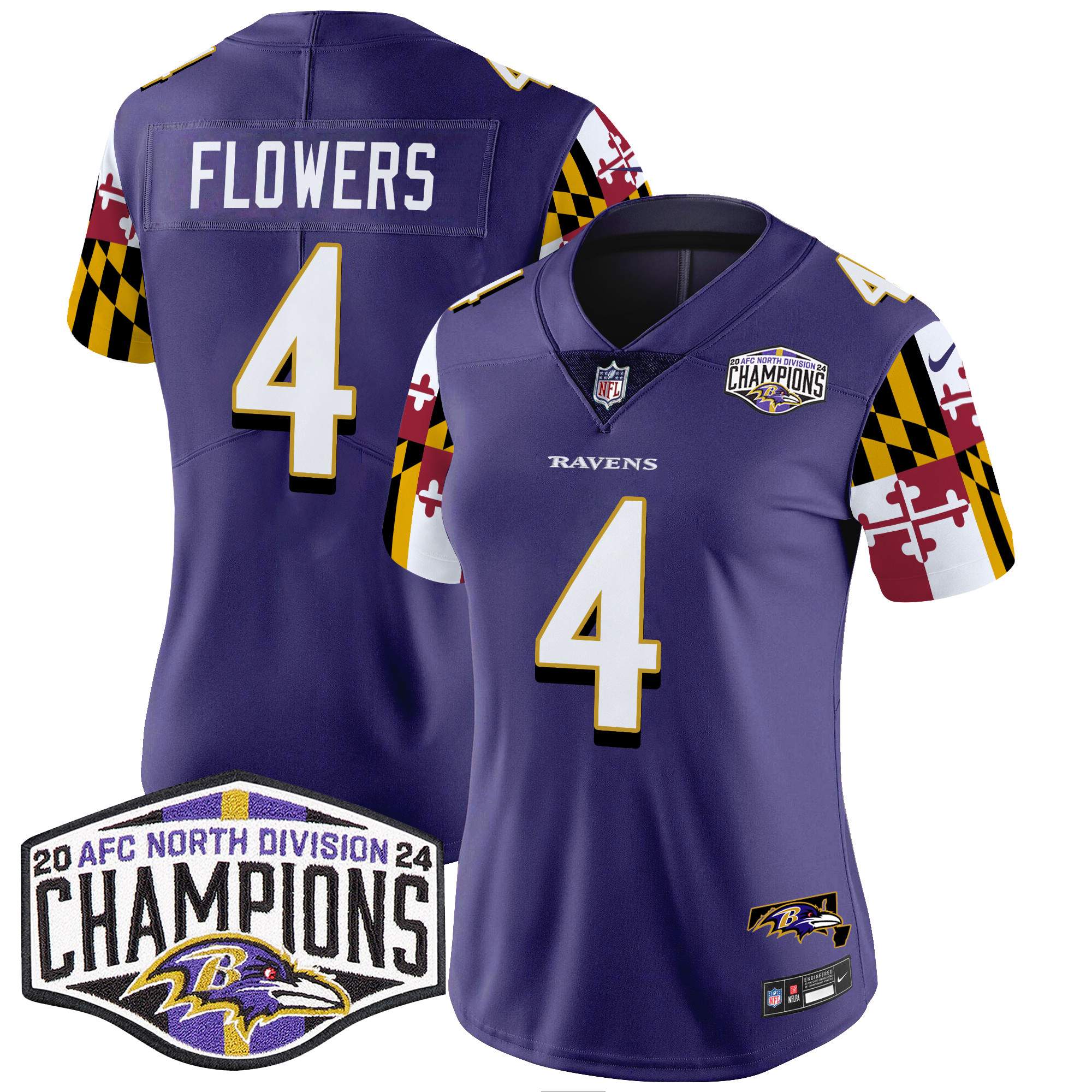 Zay Flowers Women's Baltimore Ravens Maryland Flag 2024 AFC North Division Champions Patch Vapor Limited Purple Jersey - All Stitched
