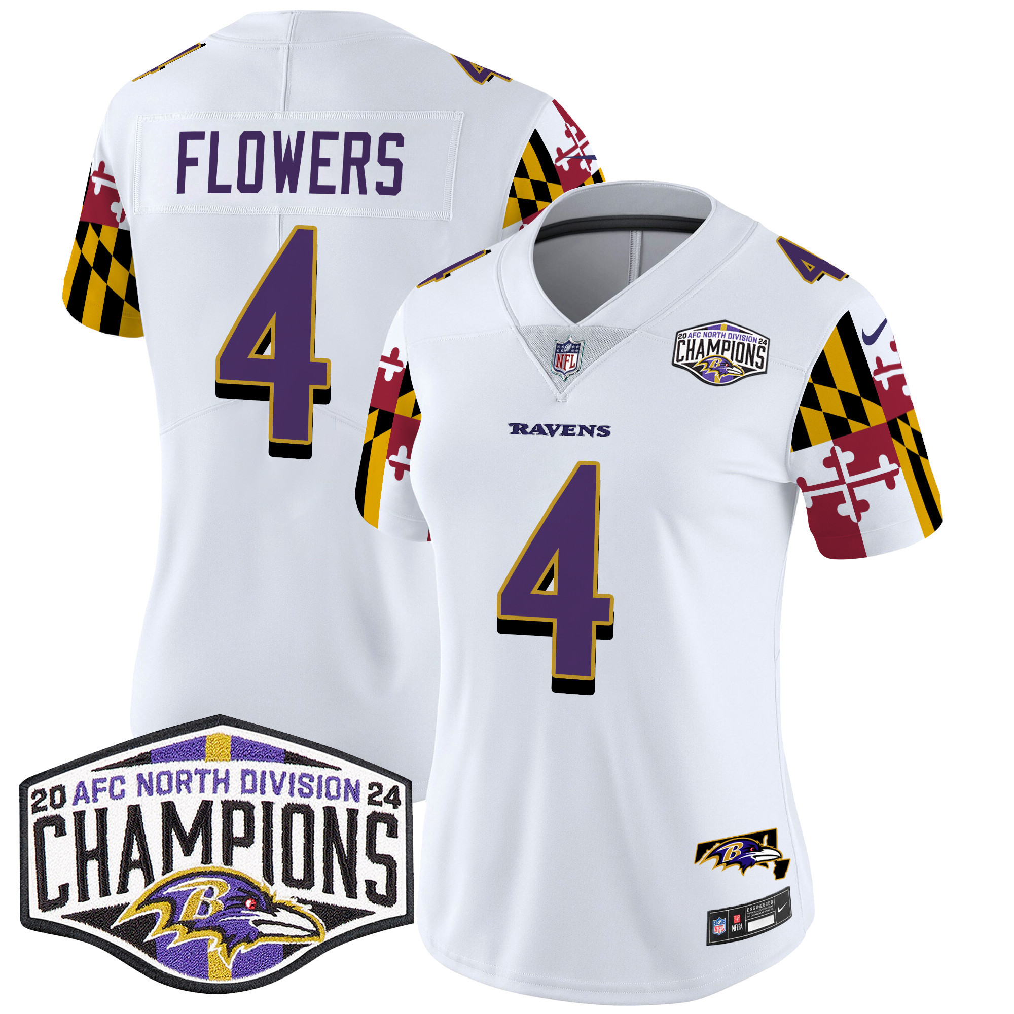Zay Flowers Women's Baltimore Ravens Maryland Flag 2024 AFC North Division Champions Patch Vapor Limited White Jersey - All Stitched