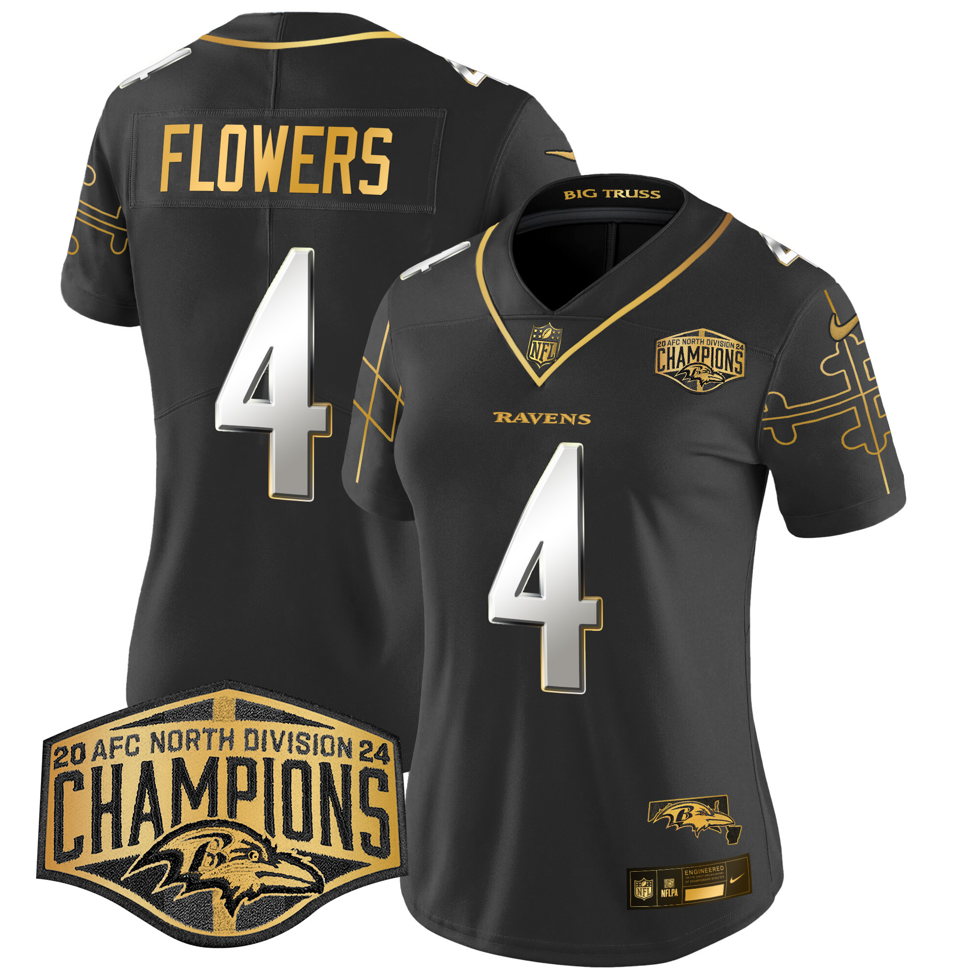Zay Flowers Women's Baltimore Ravens Maryland Flag Map 2024 AFC North Division Champions Patch Gold Vapor Limited Black Limited Jersey - All Stitched