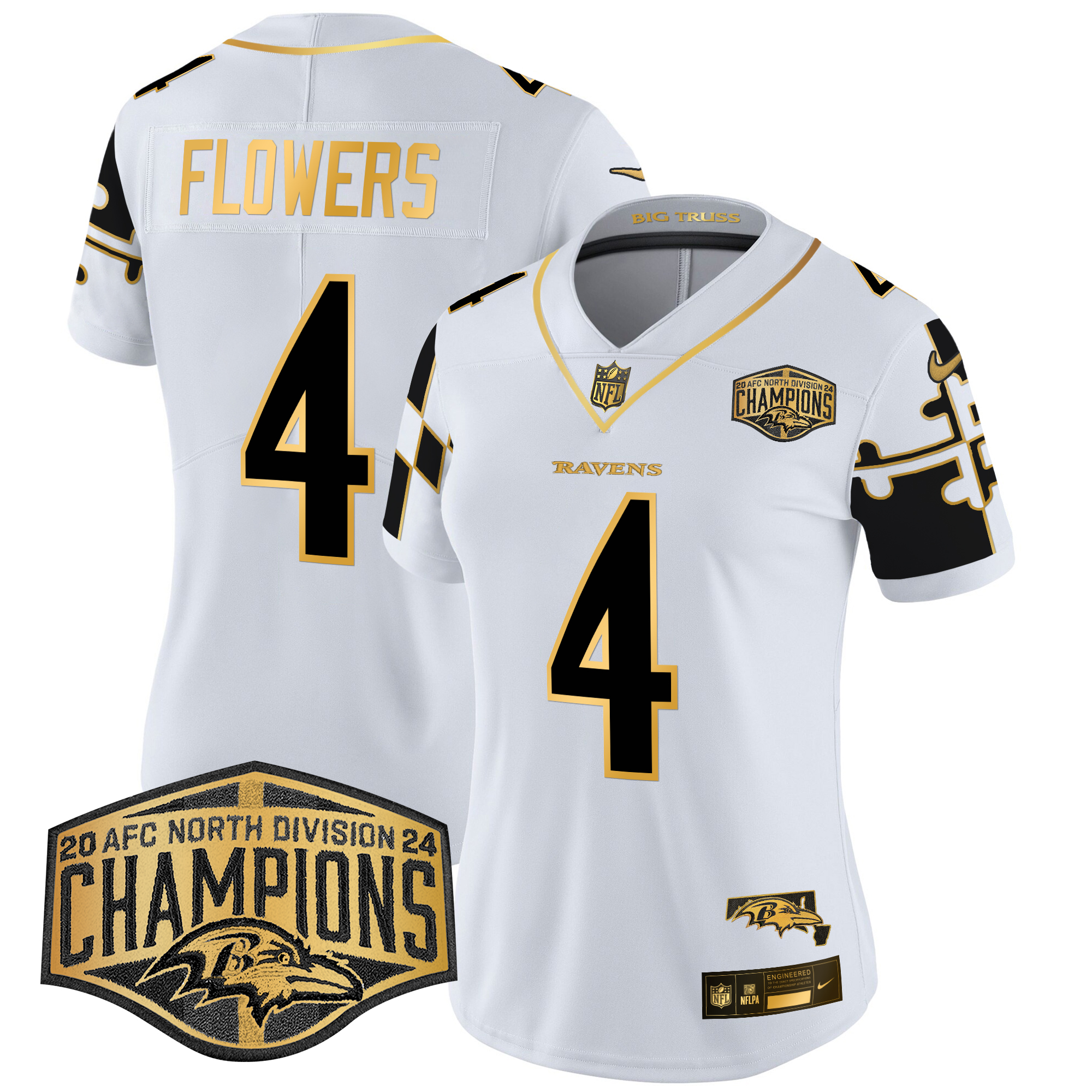 Zay Flowers Women's Baltimore Ravens Maryland Flag Map 2024 AFC North Division Champions Patch Gold Vapor Limited White Gold Jersey - All Stitched