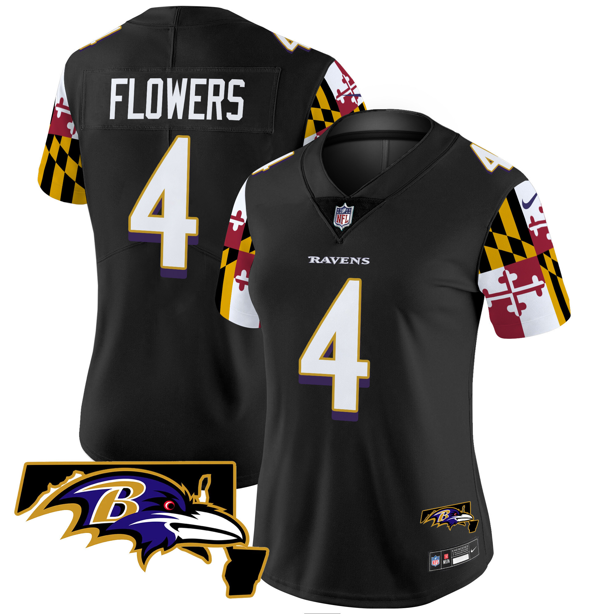 Zay Flowers Women's Baltimore Ravens Maryland Flag Vapor Limited Black Jersey - All Stitched