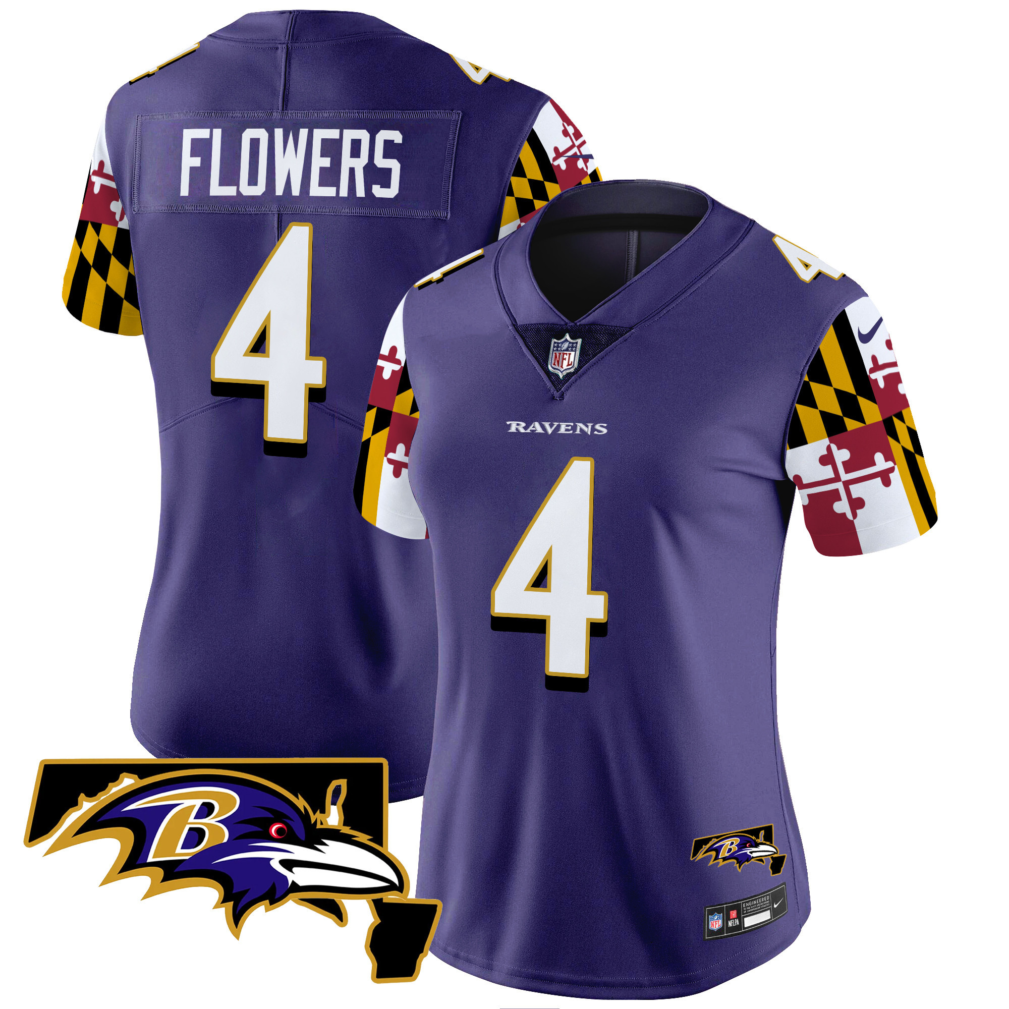 Zay Flowers Women's Baltimore Ravens Maryland Flag Vapor Limited Purple Jersey - All Stitched