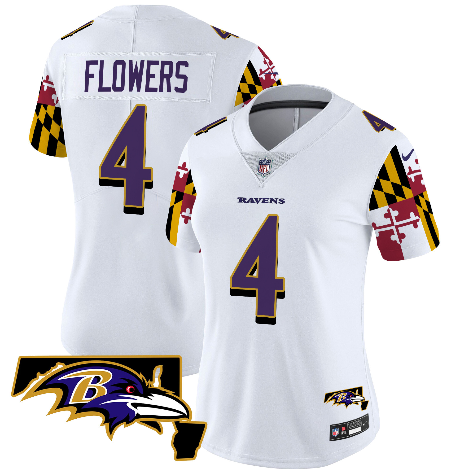 Zay Flowers Women's Baltimore Ravens Maryland Flag Vapor Limited White Jersey - All Stitched