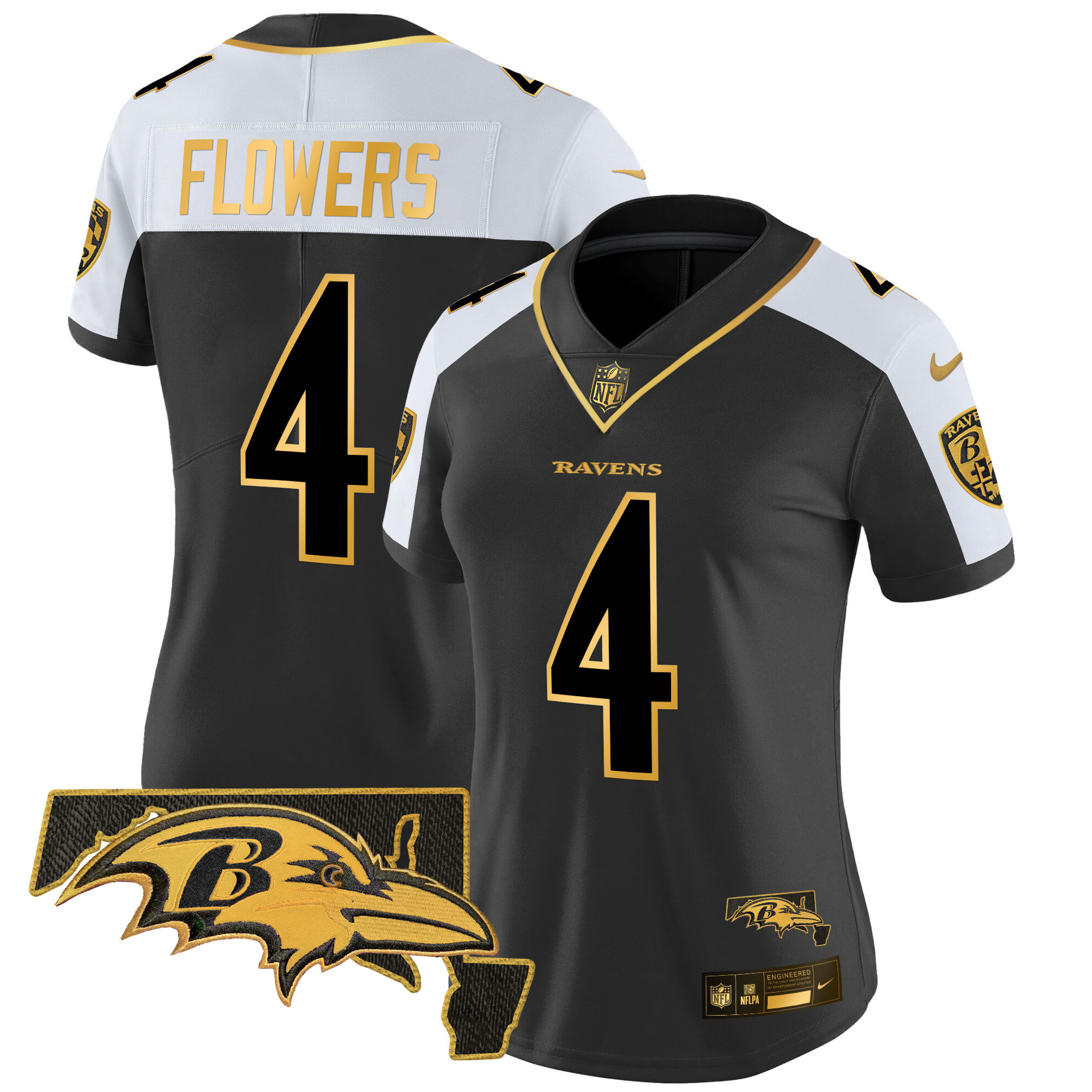 Zay Flowers Women's Baltimore Ravens Maryland Patch Gold Vapor Limited Alternate Jersey - All Stitched