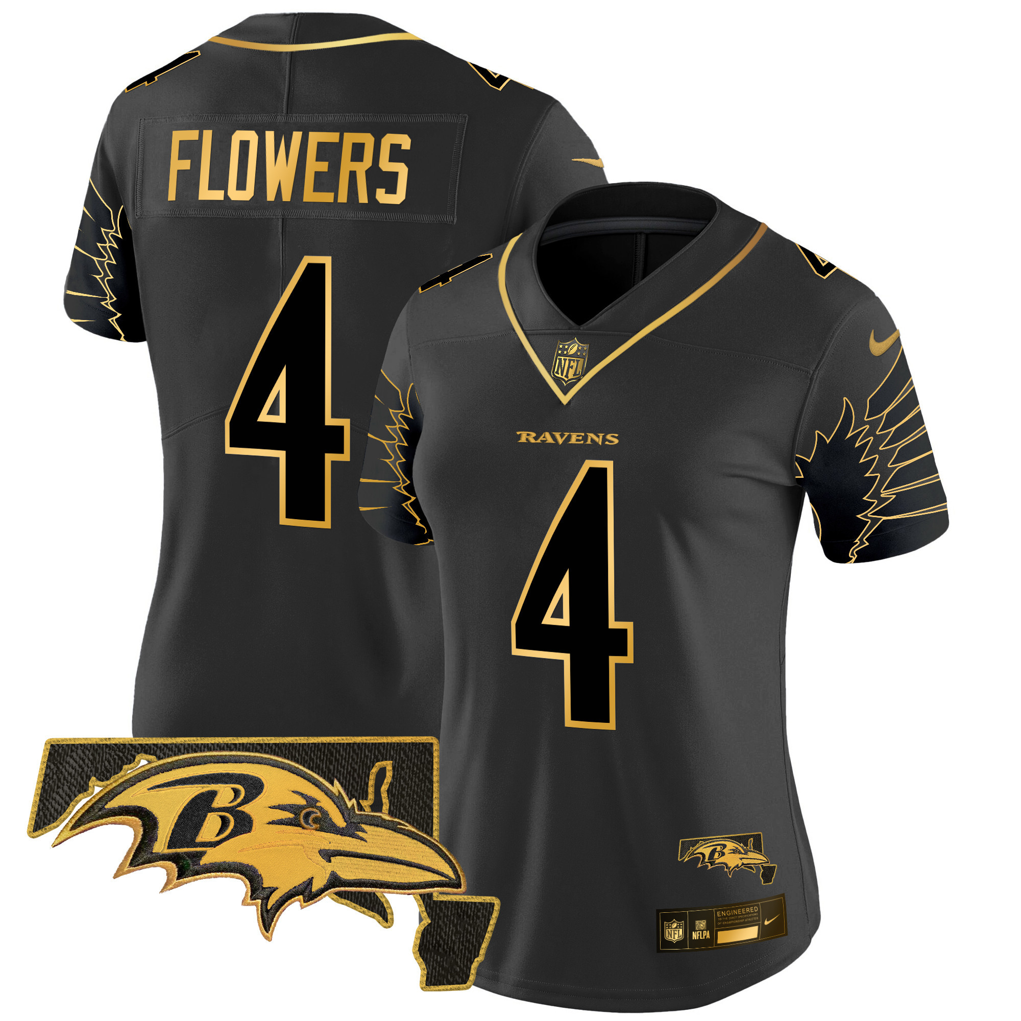 Zay Flowers Women's Baltimore Ravens Maryland Patch Gold Vapor Limited Black Gold Jersey - All Stitched
