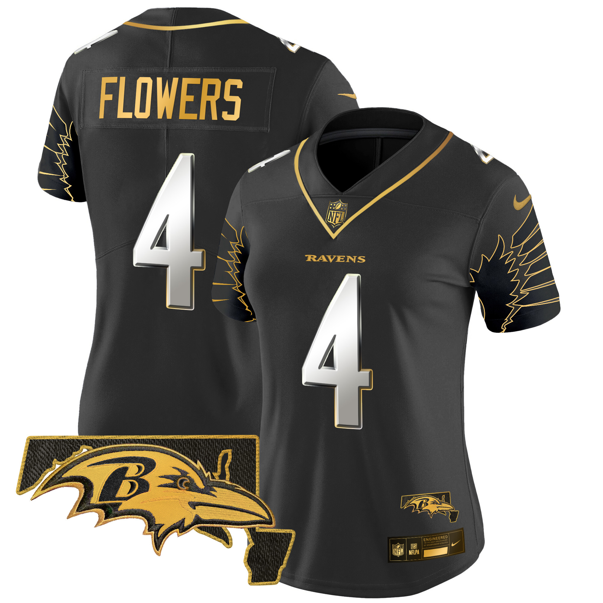 Zay Flowers Women's Baltimore Ravens Maryland Patch Gold Vapor Limited Black Limited Jersey - All Stitched