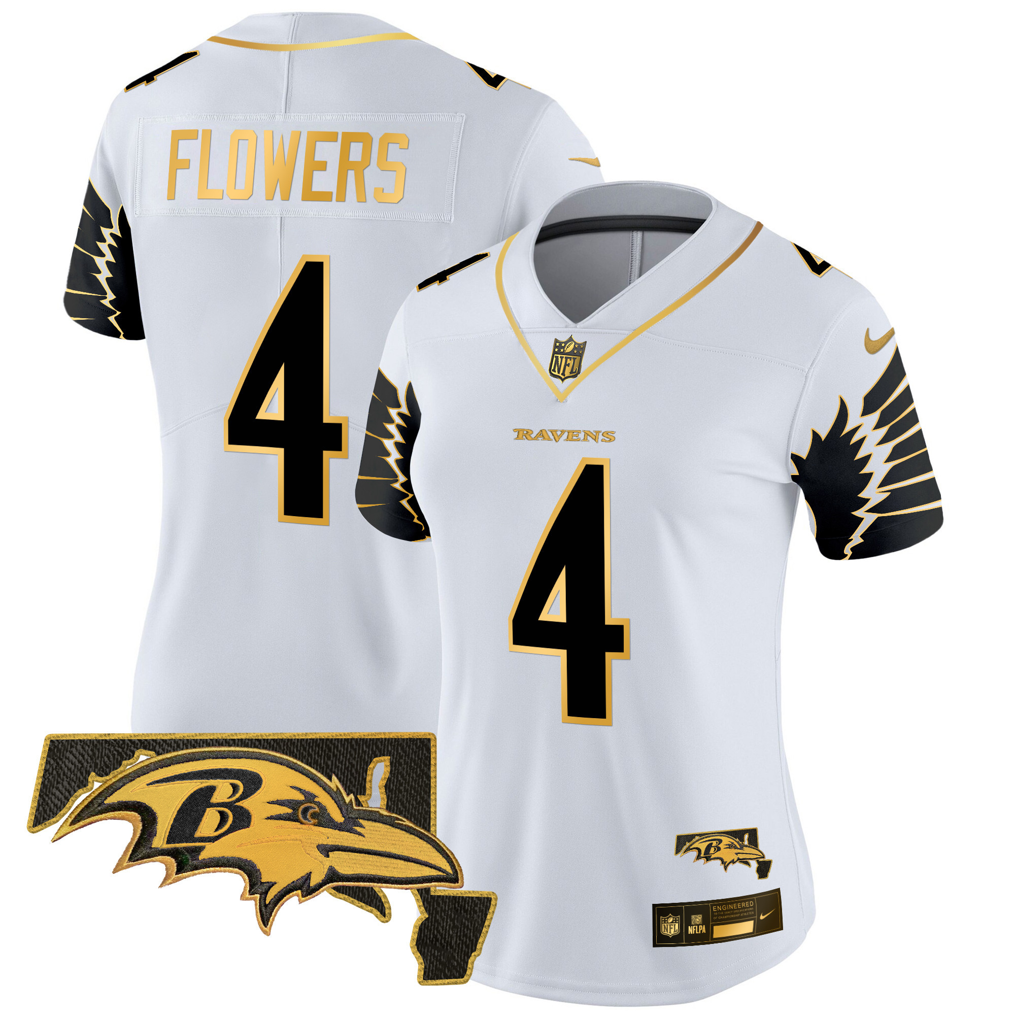 Zay Flowers Women's Baltimore Ravens Maryland Patch Gold Vapor Limited White Gold Jersey - All Stitched