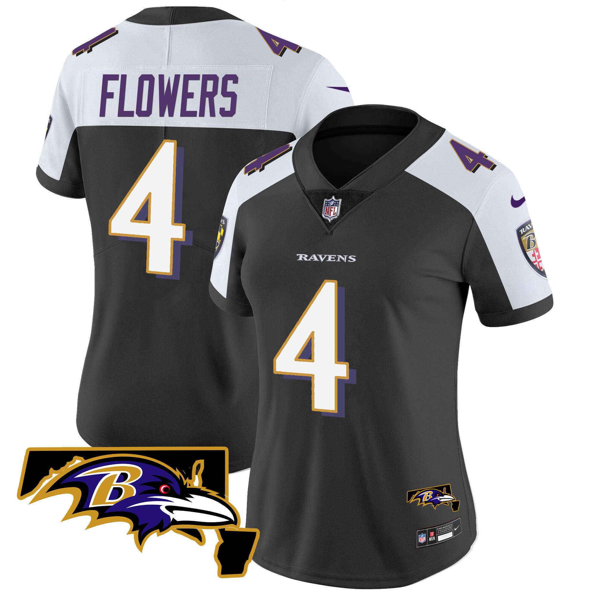 Zay Flowers Women's Baltimore Ravens Maryland Patch Vapor Limited Black Alternate Jersey - All Stitched