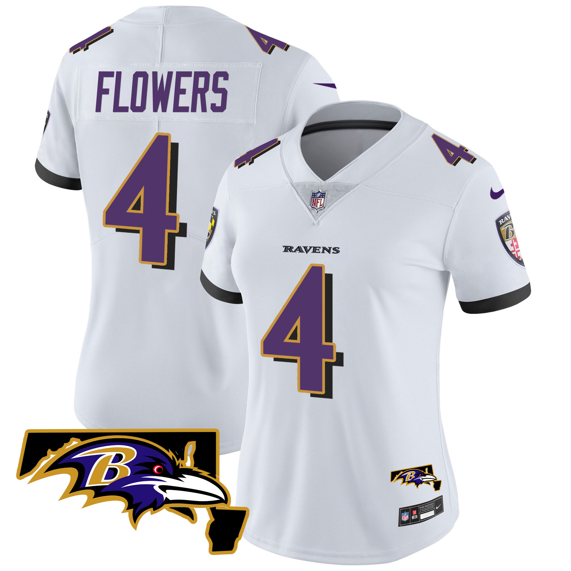 Zay Flowers Women's Baltimore Ravens Maryland Patch Vapor Limited White Jersey - All Stitched