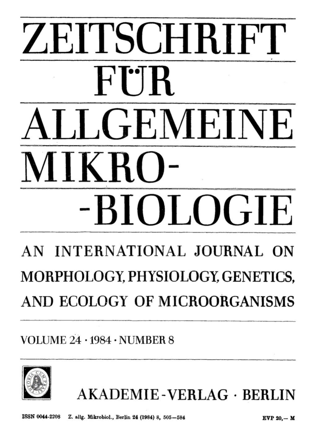 Zeitschrift fÃ¼r Allgemeine Mikrobiologie. Volume 24, Number 8 1st Edition â€“ PDF/EPUB Version Downloadable