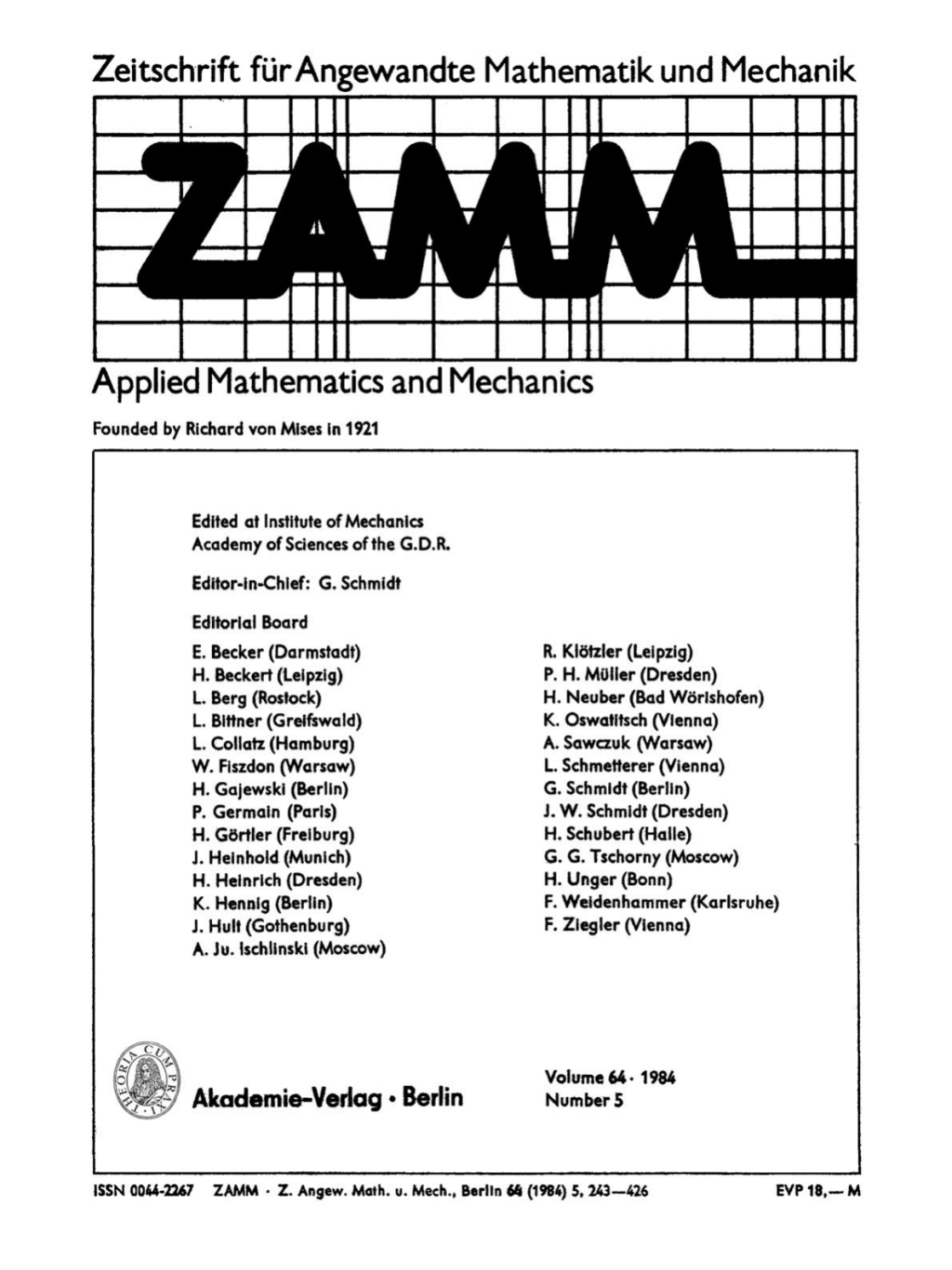 Zeitschrift fÃ¼r Angewandte Mathematik und Mechanik. Volume 64, Number 5 1st Edition â€“ PDF/EPUB Version Downloadable