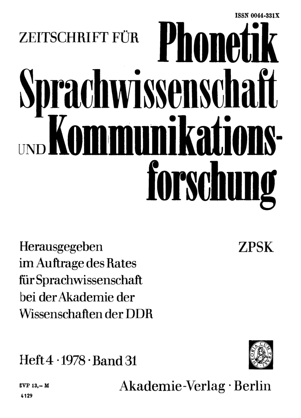 Zeitschrift fÃ¼r Phonetik Sprachwissenschaft und Kommunikationsforschung. Band 31, Heft 4 1st Edition â€“ PDF/EPUB Version Downloadable