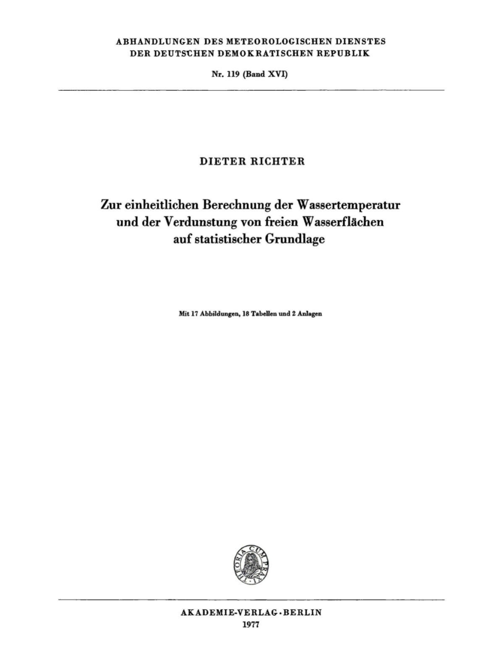 Zur einheitlichen Berechnung der Wassertemperatur und der Verdunstung von freien WasserflÃ¤chen auf statistischer Grundlage 1st Edition â€“ PDF/EPUB Version Downloadable